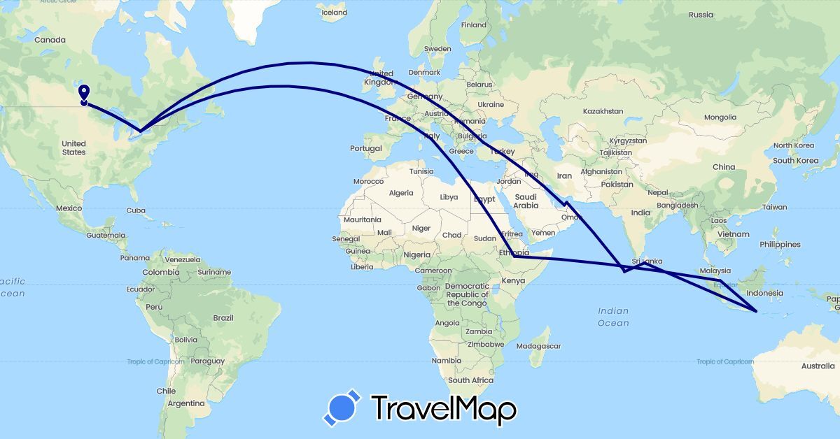 TravelMap itinerary: driving in United Arab Emirates, Canada, Ethiopia, Indonesia, Italy, Sri Lanka, Maldives, Singapore, Turkey (Africa, Asia, Europe, North America)